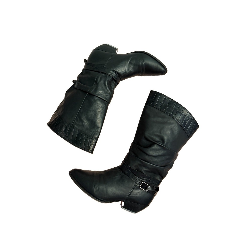 Vtg Dingo Harness Boots Womens 7 Leather Croc Slouch Western Biker Steampunk